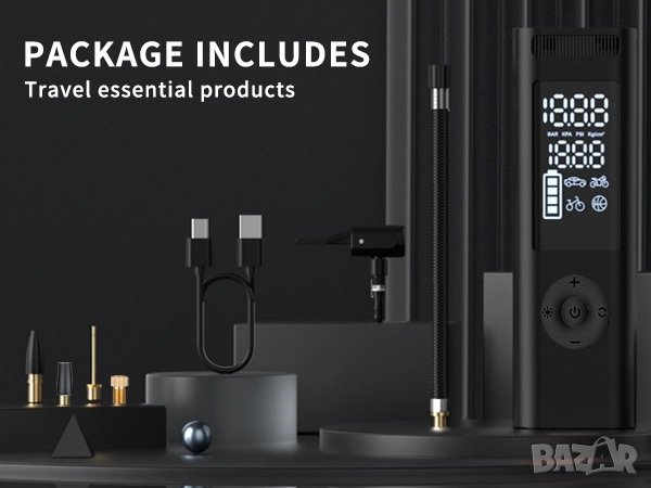 Преносим Компресор за Гуми, Цифрова Интелигентна Помпа с Бързо Зареждане, снимка 10 - Аксесоари и консумативи - 52436352