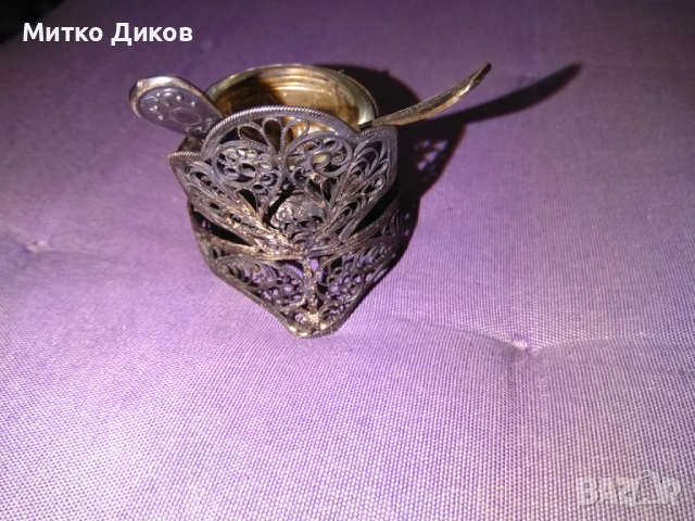 Посребрен съд за хайвер солница горчичник СССР с две лъжички и филигран 21 грама, снимка 6 - Други ценни предмети - 51553346