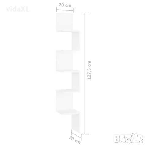 vidaXL Стенен ъглов рафт, бял, 20x20x127,5 см, инженерно дърво, снимка 9 - Ракли - 56147783