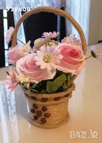 Кошничка с цветя - ръчна изработка - прекрасен подарък за Вашия празник, снимка 2 - Декорация за дома - 35791521