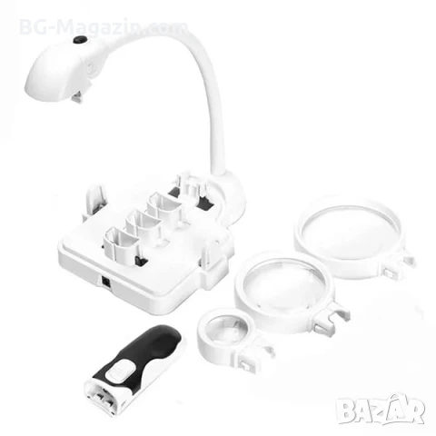 Увеличителна ръчна и настолна лупа с LED осветление сменяеми лещи регулируемо рамо за четене гоблени, снимка 8 - Други инструменти - 50920951