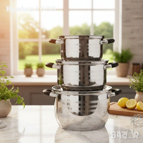 Премиум Комплект 3 Тенджери от неръждаема стомана с капаци, 2.1L, 3L, 4L