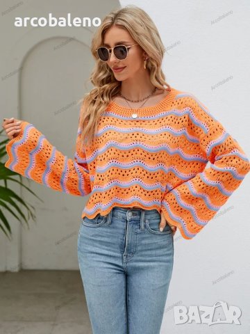 Дамски моден пуловер с дълги ръкави и кръгло деколте на райета, 2цвята - 023, снимка 10 - Блузи с дълъг ръкав и пуловери - 42305036