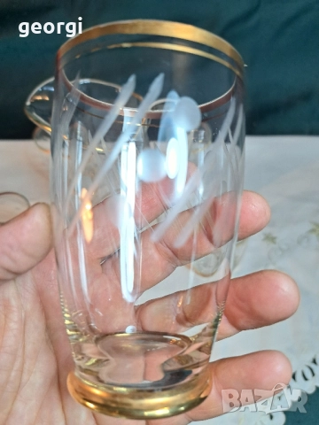 българска луксозна стъклена кана с пет чаши за вино 28/2, снимка 4 - Сервизи - 51838198