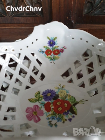 Meissen фигурална ажурна фруктиера 32см/стара Майсен порцеланова жардениера с херувими, снимка 4 - Антикварни и старинни предмети - 50629216