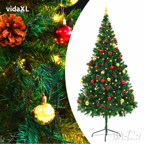 vidaXL Изкуствена готова осветена коледна елха с топки зелена 210 см(SKU:321501)