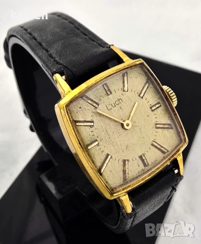 Винтидж съветски часовник LUCH - позлатен AU 10+ - произведен в СССР - нова черна каишка Винтидж , снимка 5 - Антикварни и старинни предмети - 53658534