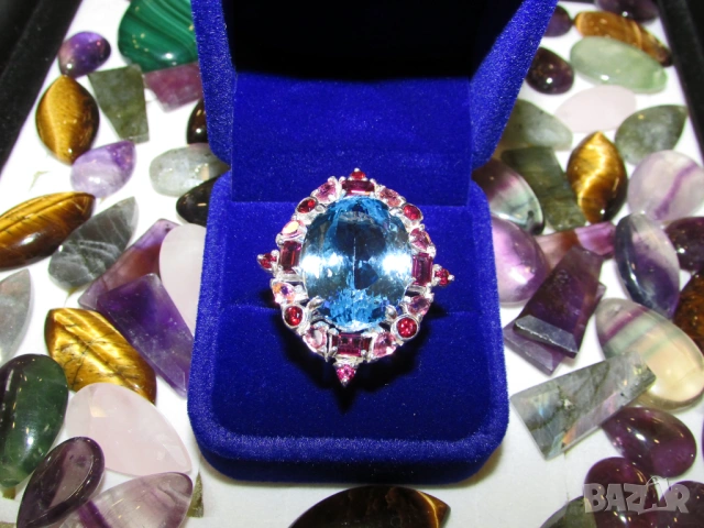 Сребърен пръстен с натурален син топаз 37 карата