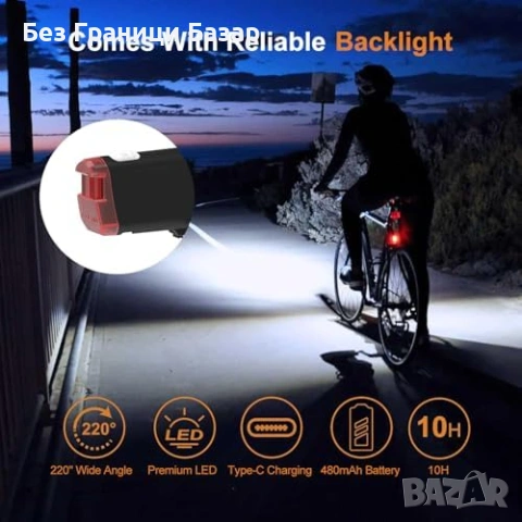 Нов Комплект LED велосипедни светлини 2400mAh USB+Solar 2 режима фар стоп, снимка 3 - Аксесоари за велосипеди - 53573221