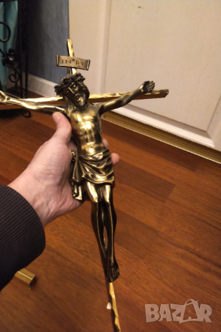 Масивно ръчно изработено бронзово разпятие 56 см, снимка 3 - Антикварни и старинни предмети - 44659034