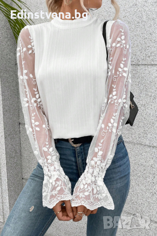 Дамска елегантна блуза в бяло с ръкави от тюл, снимка 9 - Блузи с дълъг ръкав и пуловери - 44632282