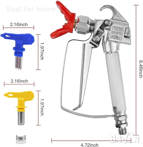 Комплект за безвъздушно боядисване с пистолет за боядисване, 9 части, с 2 бр. накрайници 517 , снимка 7 - Компресори - 55932152