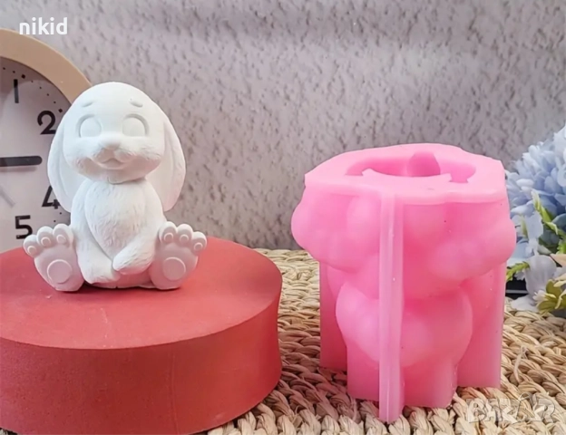 3D Седнал разкрачен заек силиконов молд форма свещ смола гипс шоколад декор украса, снимка 5 - Форми - 51828486