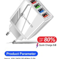 Мощно USB 4х Порта Бързо Зарядно за Смартфон Таблет iPhone iPad Xiaomi Huawei Quick Charge 3.0 Sony, снимка 1 - Аксесоари за Apple - 41381386