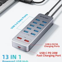 Захранващ USB хъб BYEASY 13-портов за данни 10 USB 3.0 бързо зареждане, снимка 6 - Мрежови адаптери - 41766387