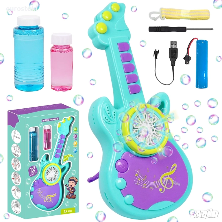 Детска машина за балончета, голяма китара за балончета със Led светлина, с течност за сапунени балон, снимка 1