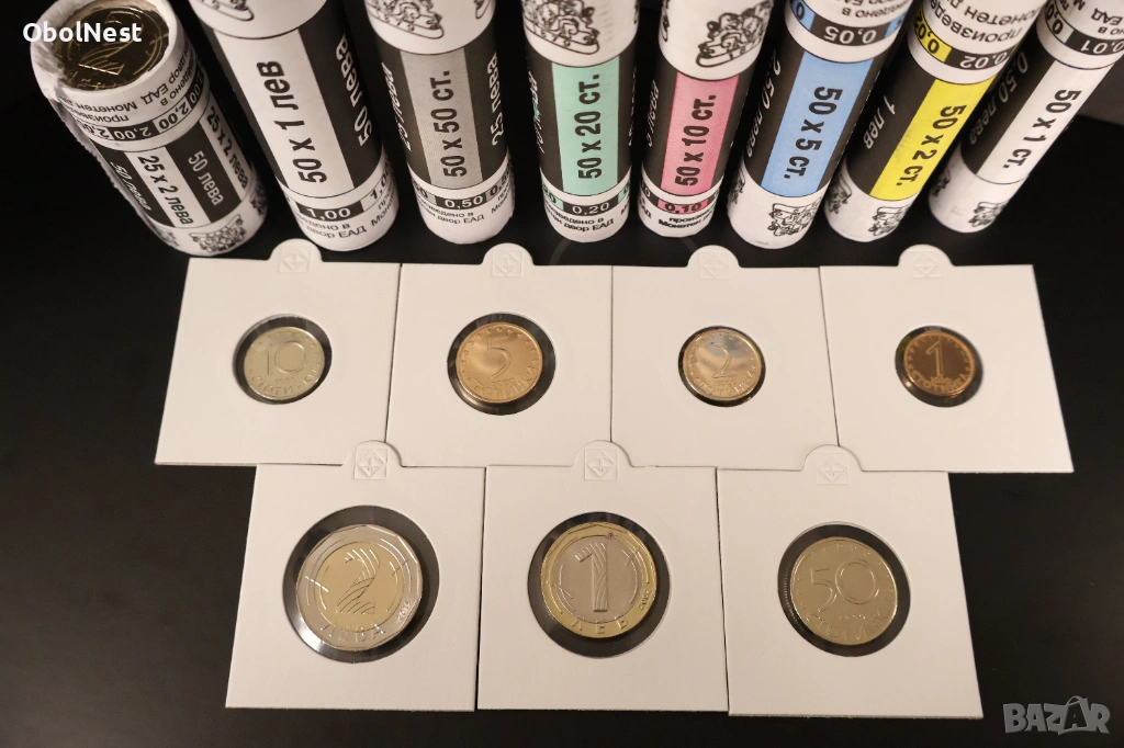 Пълен сет UNC монети от 1 ст. до 2 лв. (1999, 2000, 2002 и 2015) в картончера, снимка 1