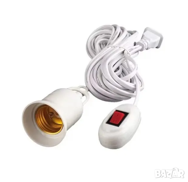 E27 Фасунга с Кабел Щепсел Крушка с Дълъг Захранващ Кабел за Лампа с Вграден Ключ и Кука за Закачане, снимка 1