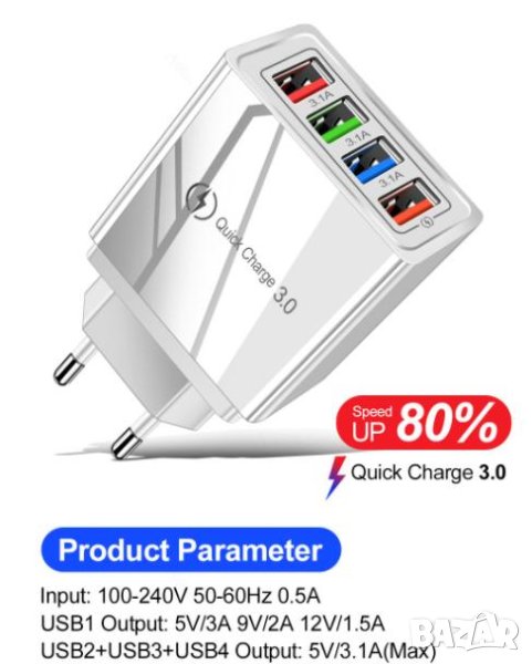 Мощно USB 4х Порта Бързо Зарядно за Смартфон Таблет iPhone iPad Xiaomi Huawei Quick Charge 3.0 Sony, снимка 1