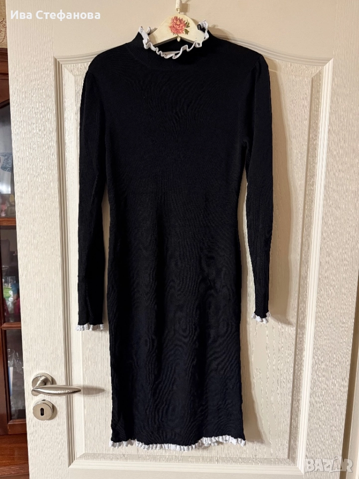 вискоза офис стил класическа черна елегантна  миди midi дължина ситен рипс рипсена рокля тип Chane, снимка 1