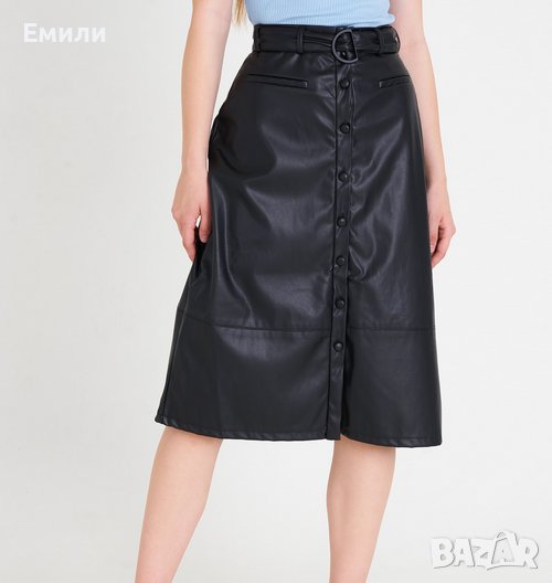 Дамска кожена миди пола с колан, висока талия и копчета р-р M (38), снимка 1