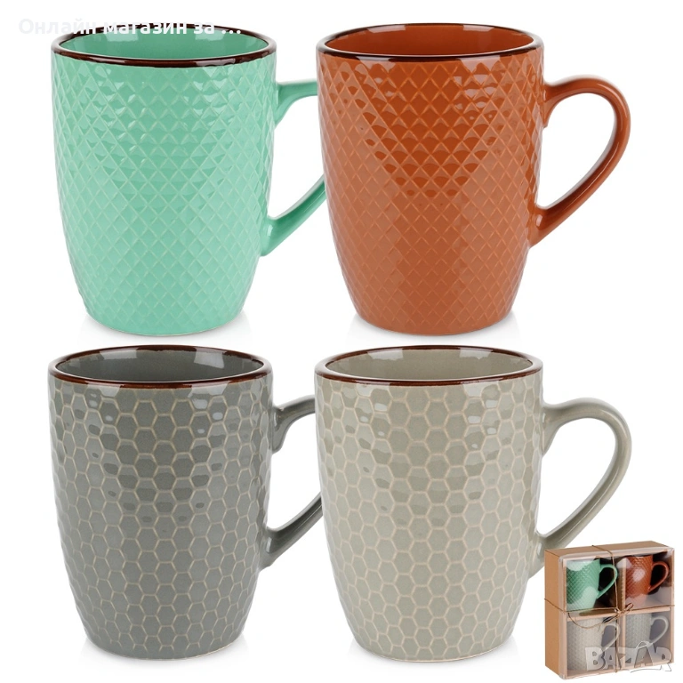 Комплект от 4 керамични чаши 400мл, многоцветни 139673, снимка 1