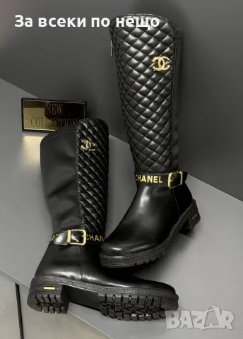Chanel Луксозни Черни Дамски Ботуши До Коляното С Капитониран Дизайн И Златно Лого Код SEM-770, снимка 2 - Дамски ботуши - 56116768