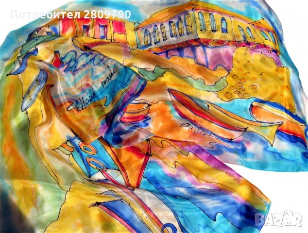 Оригинален копринен шал с градски мотиви на червена лодка в пристанището на Несебър / Original Scarf, снимка 5 - Шалове - 34758777