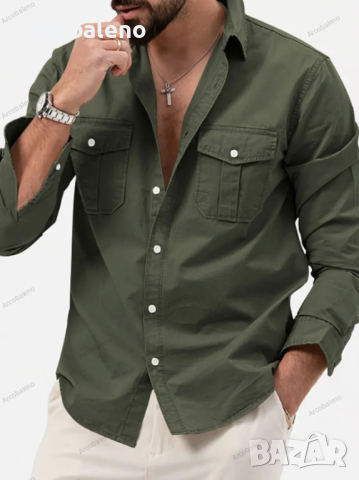 Нова мъжка горна риза с много джобове и дълги ръкави, 5цвята , снимка 2 - Ризи - 44840632