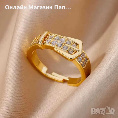 Дамски пръстен от неръждаема стомана, позлатен, с цирконий – дизайн „колан“, регулируем, снимка 2 - Пръстени - 52305407