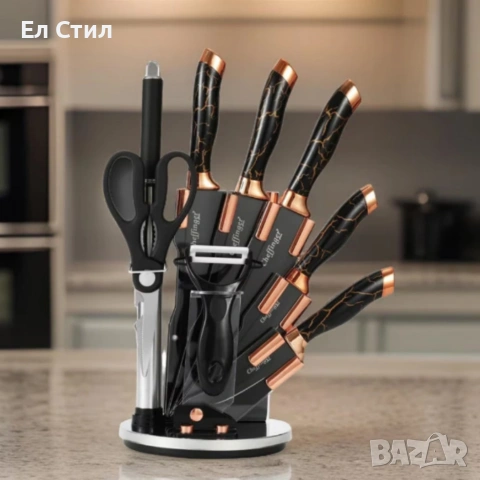 Комплект уреди за рязане–9 части с мраморно покритие, стойка, точило и белачка, снимка 2 - Прибори за хранене, готвене и сервиране - 53565458