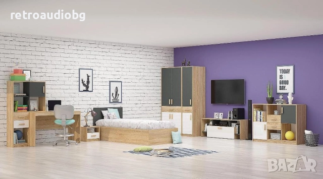   Скрин за детска стая Сидни М11 Дъб сонома - Антрацит - Бяло гланц, снимка 3 - Скринове - 52800339