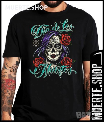 Черна тениска с щампа LOS MUERTOS SUGARSKULL
