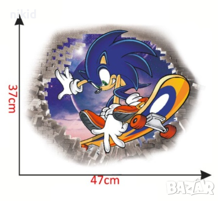 Соник Sonic на скейтборд самозалепващ стикер лепенка за стена и мебел детска стая