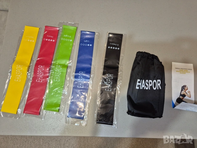Комплект от 5 ластика EHASPOR за тренировки, йога и пилатес, еластични, многоцветни, с чанта 