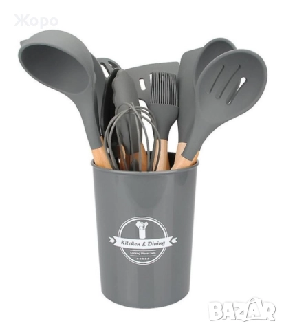 Комплект 12 прибора от силикон с дървена дръжка с поставка , снимка 2 - Прибори за хранене, готвене и сервиране - 52480694