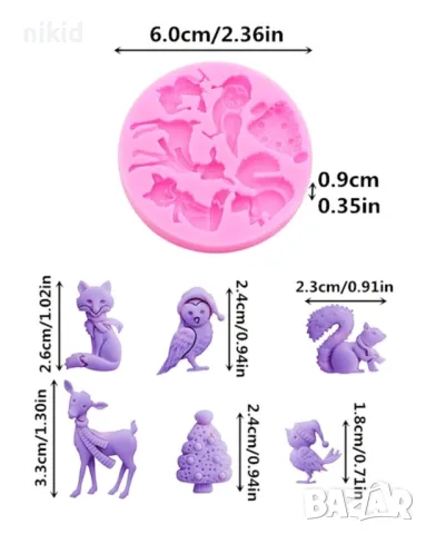 Горски животни коледен елен катерица лисица врабче елха бухал силиконов молд форма фондан декор, снимка 3 - Форми - 48327465