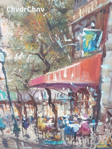 75х65см/стара картина масло върху платно/градски пейзаж/Париж-кафенета/дървена рамка, снимка 6 - Картини - 51177082