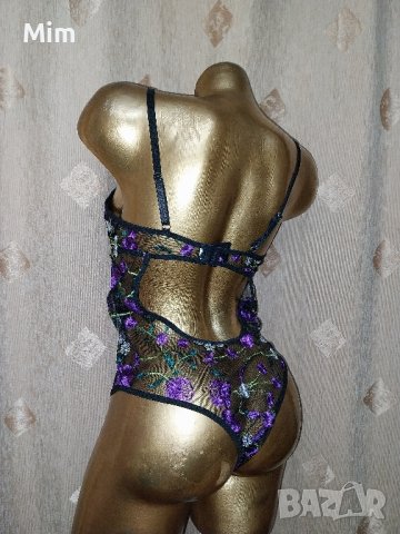 80 В  Черно ефирно боди с лилава бродерия , снимка 5 - Бельо - 42444357