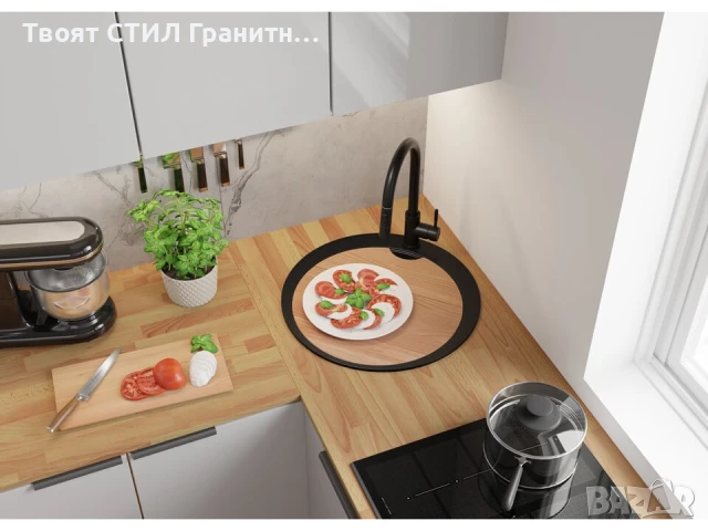 Черна кръгла кухненска гранитна мивка Пиза 50 Top 530 x 530 мм, снимка 5 - Мивки - 51286299