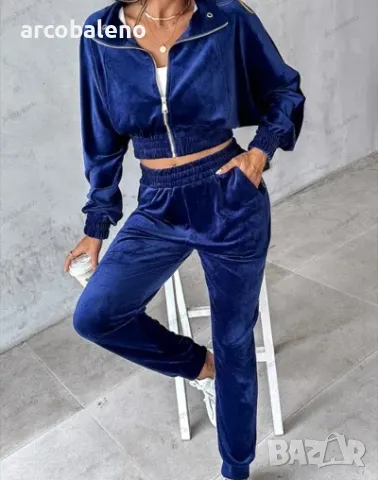 Дамски едноцветен спортен кадифен костюм с дълги ръкави за свободното време, 4цвята , снимка 8 - Комплекти - 47258135