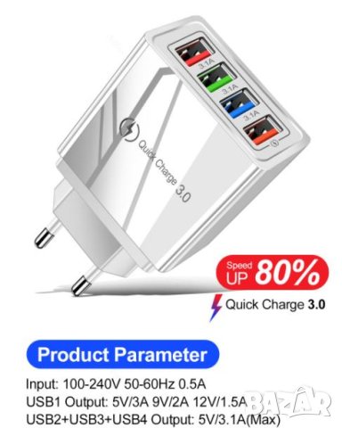 Мощно USB 4х Порта Бързо Зарядно за Смартфон Таблет iPhone iPad Xiaomi Huawei Quick Charge 3.0 Sony, снимка 1 - Аксесоари за Apple - 41381386