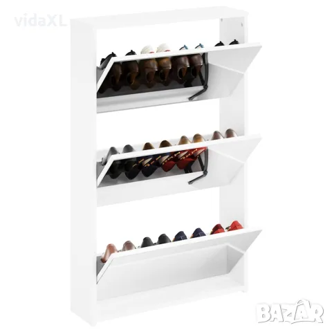 vidaXL Шкаф за обувки с огледало, 3-слоен, бял, висок гланц, 63x17x102,5 см, снимка 3 - Шкафове - 56147079