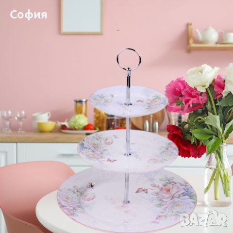 Порцеланово плато на 3 нива с принт на нежни божурести рози, снимка 1