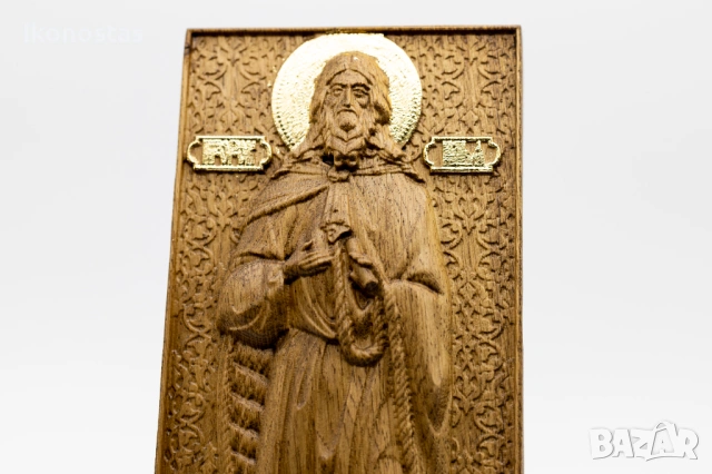 Позлатена релефна икона на пророк Илия от масивен дъб, снимка 7 - Икони - 53224817