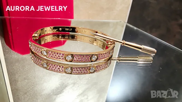 CARTIER Love Paved Capsule Rose Gold 10 Pink Sapphires Diamonds Гривна с Отверка, снимка 2 - Гривни - 56017635