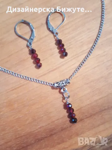 Красив и нежен комплект бижута обеци и колие с камъни Гранат и елементи в цвят сребро , снимка 10 - Бижутерийни комплекти - 49314686