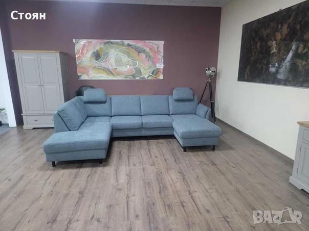 Син ъглов П образен диван от плат LS404520, снимка 12 - Дивани и мека мебел - 44701953