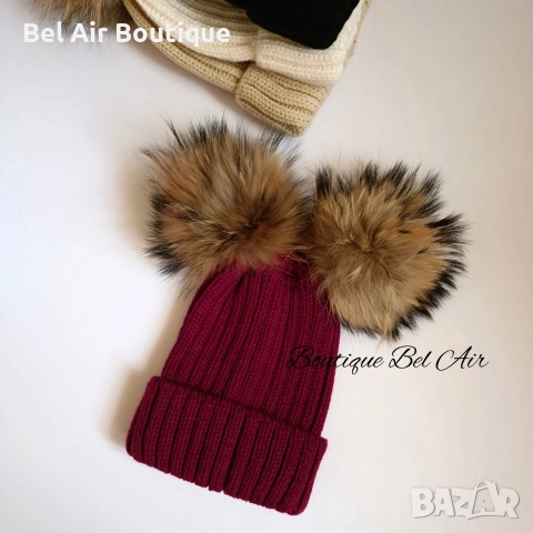 Зимна шапка с помпони от естествен косъм, зимни шапки, естествен пух, снимка 5 - Шапки - 52626026