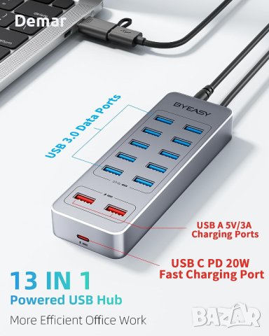 Захранващ USB хъб BYEASY 13-портов за данни 10 USB 3.0 бързо зареждане, снимка 6 - Мрежови адаптери - 41766387